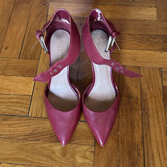 Aldo Astfeld Dark Red Buckle Ankle Strap Leather Heels Size 11 - Picture 7 of 8